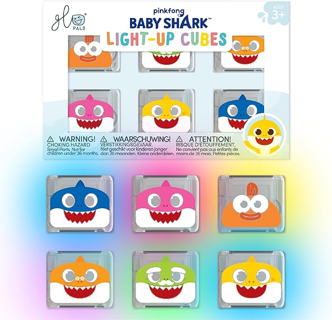 Glo Pals x Baby Shark Water-Activated Light-Up Cubes for Bathtime and Sensory Play - Includes 6 Reusable Light-Up Cubes - Sensory Bath Toys and Glowing Bath Cubes for Kids and Toddlers