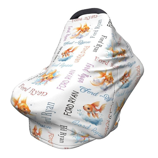 Personalized Baby Car Seat Cover with Name Stroller Canopy Custom Goldfish Carseat Cover Newborn Baby Boy Girl Nursing Cover for Moms First Birthday Gift