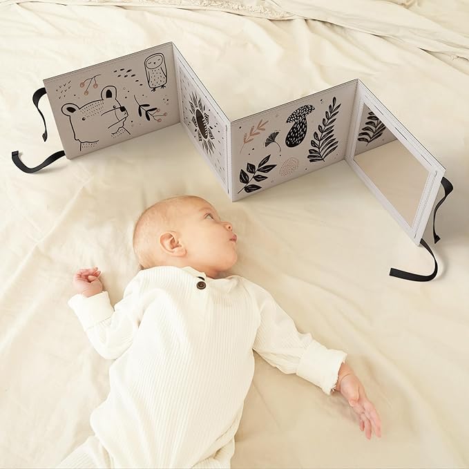 Soft Tummy Time Book w/ Stimulating Baby Safe Mirror - Fun Black and White Montessori Toy w/ Crinkle Filling & 20 High Contrast Designs - Perfect Newborn Toy For Safe and Early Infant Development