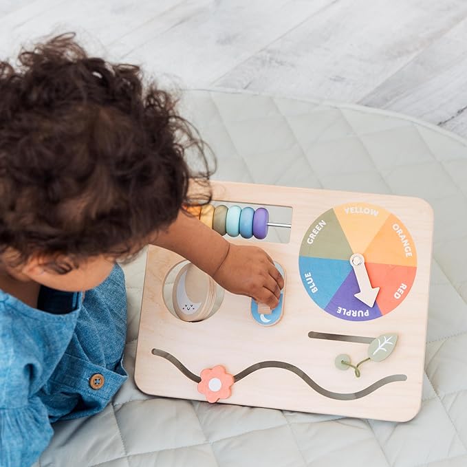 Pearhead Busy Board for Toddlers – FSC-Certified Wooden Montessori Sensory Travel Toy with Built-in Stand, Develops Fine Motor Skills & Color Recognition, Boys and Girls, 1 2 3 Year Old