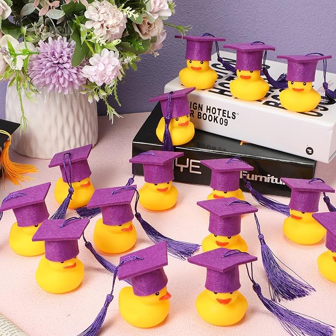 Jerify 48 Pcs Graduation Rubber Ducks with Grad Cap 2026 Diploma Grad Rubber Duck Graduation Party Bath Pool with Storage Bag for Student Gifts Party Favor(Purple)