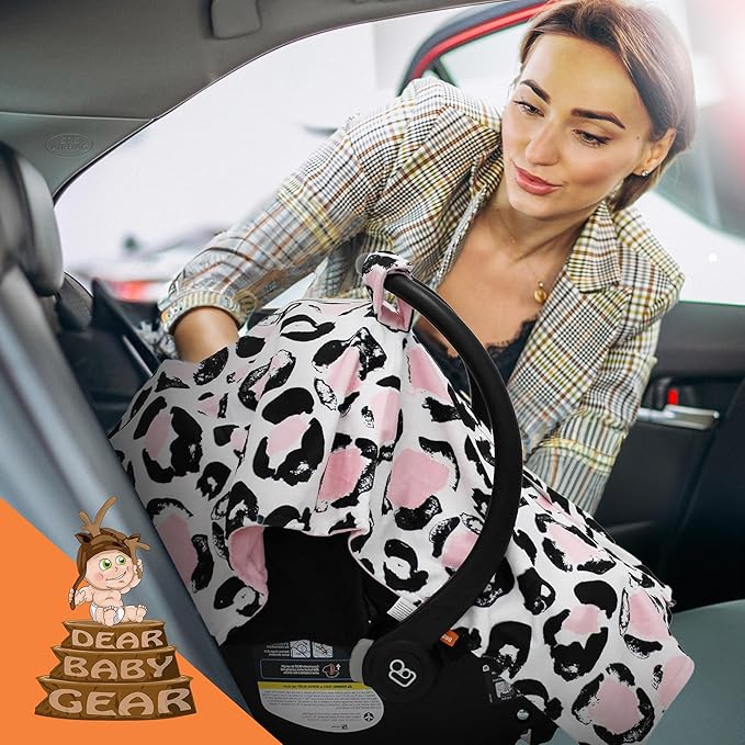 Dear Baby Gear Car Seat Canopy, Pink and Black Cheetah Print on White, Lightweight Double Layer