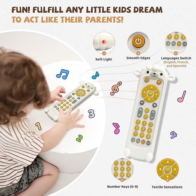 KIRALUMI Baby Remote Control Toy - Baby Musical Toys, Early Number Learning in 3 Languages (English, Spanish & French), Preschool Boys Girls Toys Gift 6, 12, 18 Months.