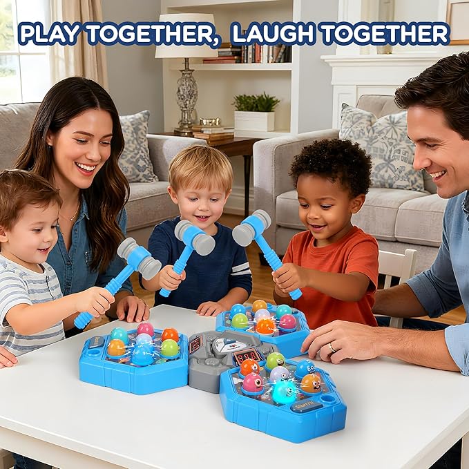 3-Player Whack Game Toy Mole with Lights & Sounds, 3Modes&7Speed Levels, LED Scoreboard, Interactive Hammer Toy, Educational Pounding Game for Kids Ages 3-10, Gifts for Boys & Girls