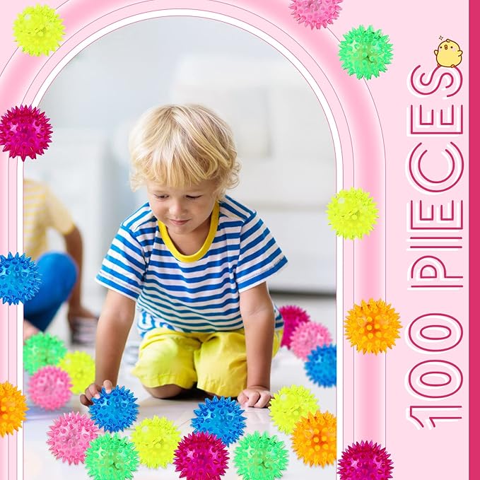 Charniol 100 Pack Light up Spike Rubber LED Spiky Ball Strobe Flashing Sensory Toy Bouncy Flash Stress Ball for Adults, Teens, 2.17 Inch
