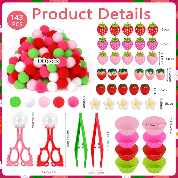 143 Pcs Strawberry Sensory Bin Items Spring Summer Counting Sorting Sensory Bin Filler Fine Motor Strawberry Counts for Valentine Sorting Counting Decor