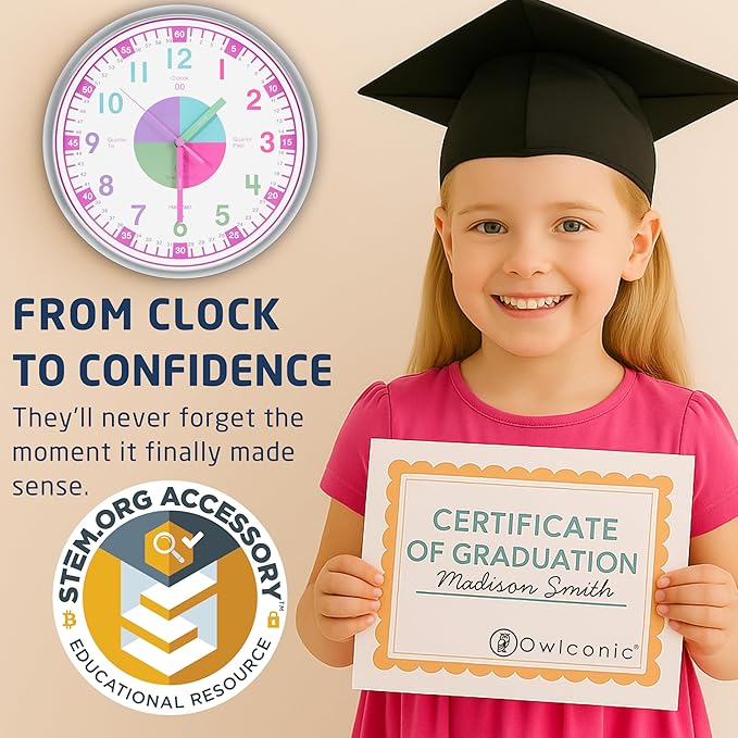OWLCONIC Clock for Kids – Educational Analog Learning Wall Clock, Non Ticking Teaching Clock for Classroom & Homeschool, Silent Kids Bedroom Décor Pastel Pink