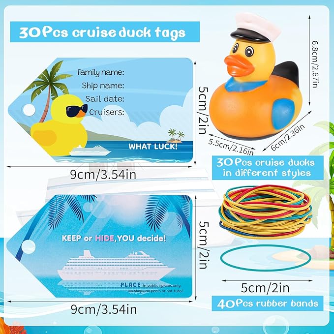 100Pcs Cruise Ducks Tags Kits Includes 30 Cruising Ducks with 30 Cruise Duck Tags & 40 Rubber Bands Assorted Random Rubber Ducks for Cruise Ship Hiding Ducks Easter Basket Stuffers