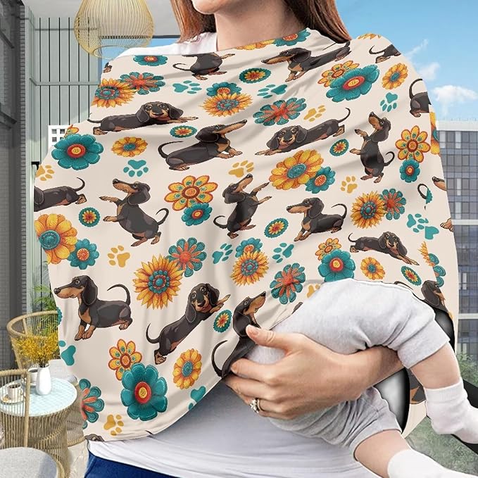AFPANQZ Boho Flower Dachshund Stretchy Baby Car Seat Nursing Breastfeeding Cover Kit Super Breathable Multiuse Infant Carseat Canopy Stroller Cover Scarf for All Seasons Girl Boy Baby