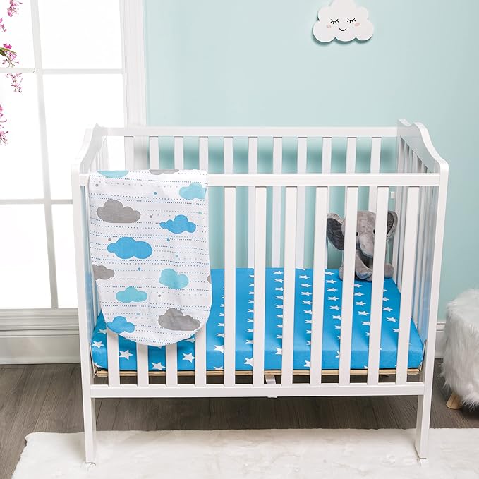 EVERYDAY KIDS 2 Pack n Play Mattress Sheets – 100% Jersey Knit Cotton Soft Portable Crib for Boys with Blue Gray Celestial Star and Cloud Designs; Pk Playpen or Mini Fitted Sheet Set Stars/Clouds