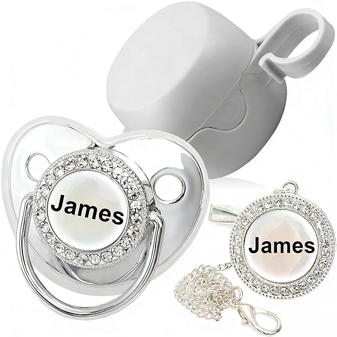 Personalized Pacifier with Name, Bling Gold Pacifier Clip Set Storage Box, Customized Glitter Crystal Luxurious Soother Ideal Gift for Boys Baby Shower Photography Newborn (Silvery)