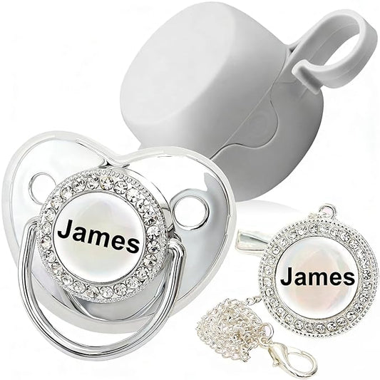 Personalized Pacifier with Name, Bling Gold Pacifier Clip Set Storage Box, Customized Glitter Crystal Luxurious Soother Ideal Gift for Boys Baby Shower Photography Newborn (Silvery)