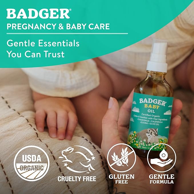 Badger Baby Oil, 100% Organic Ingredients to Soften & Moisturize Dry Skin or Cradle Cap, Soothing Vegan Organic Baby Oil, 4 fl oz Glass Bottle