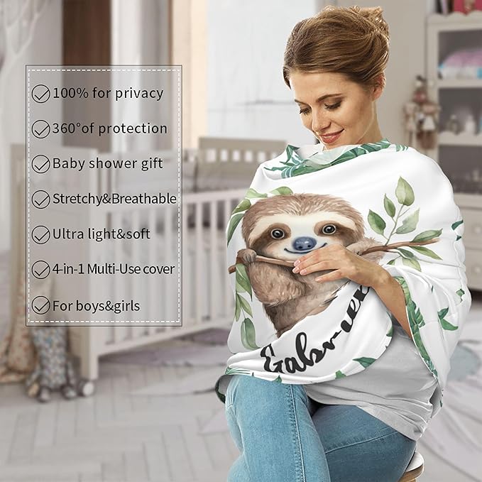 Personalized Car Seat Covers for Babies with Name – Multi-use Breastfeeding Cover Custom Sloth Carseat Canopy Cover, Infant Stroller Covers for Boys and Girls