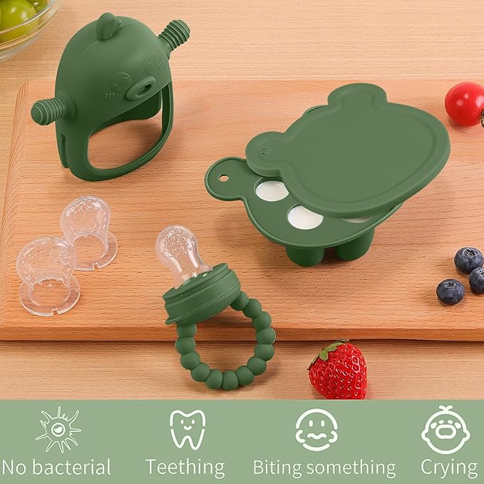 6-in-1 Baby Fruit Feeder Pacifier & Baby Food Feeder Set – Silicone Breastmilk Popsicle Mold with Freezer Tray, Teething Relief Toy, BPA Free Infant Feeder, 3 Sizes (S/M/L) Sacs (Olive Green)