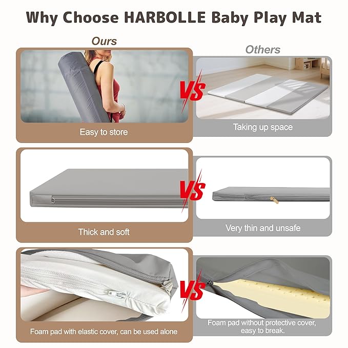 HARBOLLE Baby Play Mat 71x55 Inches, Extra Thick 1.2" Foam Floor Mat for Tummy Time & Crawling, Waterproof Non-Slip Faux Leather Playpen Mat for Infants Toddlers, Indoor Outdoor Gym Activity, Gray