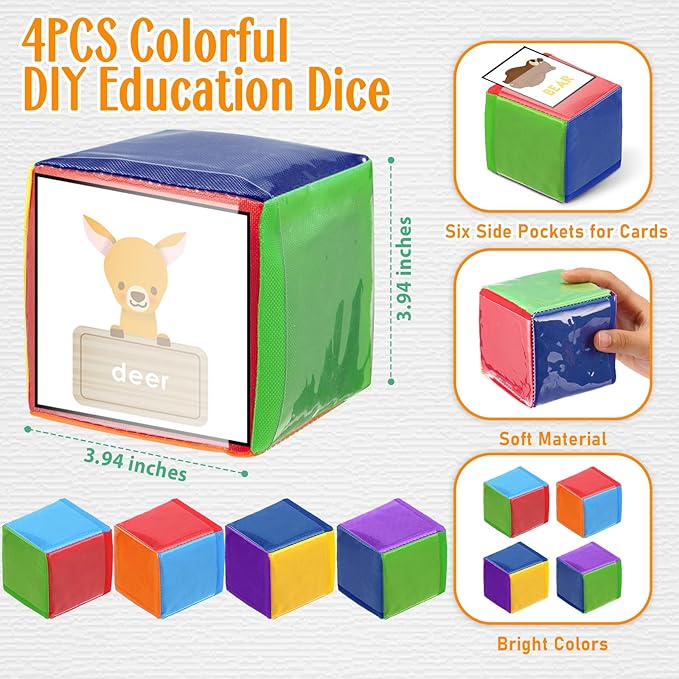 Yilloog 4 Pcs Large Foam Dice with Pockets DIY Education Playing Soft Dice Cube Learning Teaching Stacking Blocks Photo(3.94 Inch,Stylish Color)