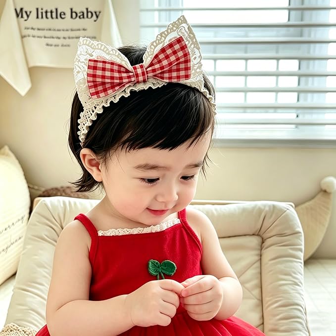 Baby Girls Hairbands Bow Lace Headband Handmade Soft Stretchy Pink Bowknot Hairbands Newborn Hairband with Bows Elastic Hair Bands for Kids Infant(Red Plaid Bow