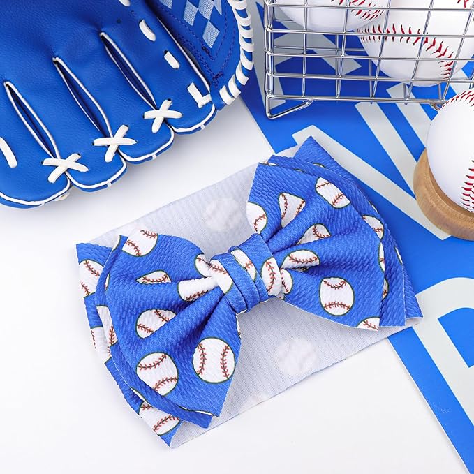 YanJie 7" Baby Girl Baseball Sports Printed Super Large Double Layers Bow Headband Blue Infant Toddler Messy Bow Headwrap Game Hair Accessories Hairband Baseball Game Day Sports Bows for Girls Outfit