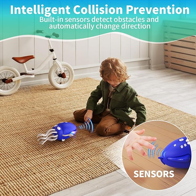 Interactive Dancing Octopus Toy,LED Light-Up Music Crawling Squid with Smart Obstacle Avoidance & Fishing Rod,Tummy Time Baby Toy (Blue)