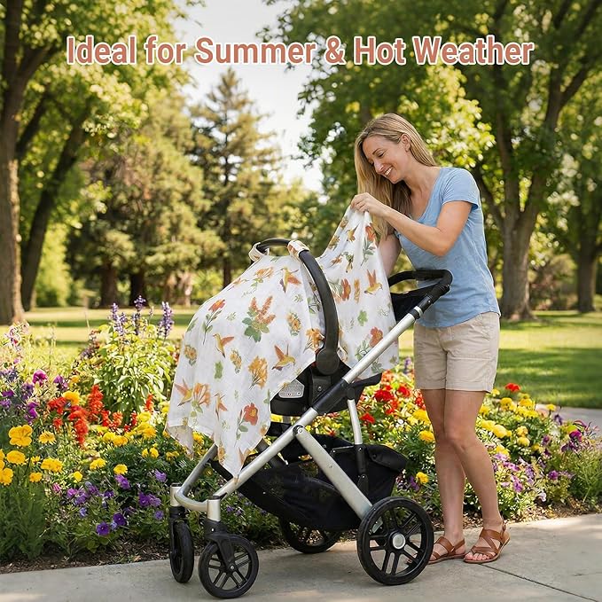 Metplus Car Seat Cover Baby, 100% Muslin Cotton Infant Carseat Covers for Boys and Girls, Lightweight Breathable Canopy, Summer Stroller Sun Shade, Newborn Travel Essentials(Hummingbird)