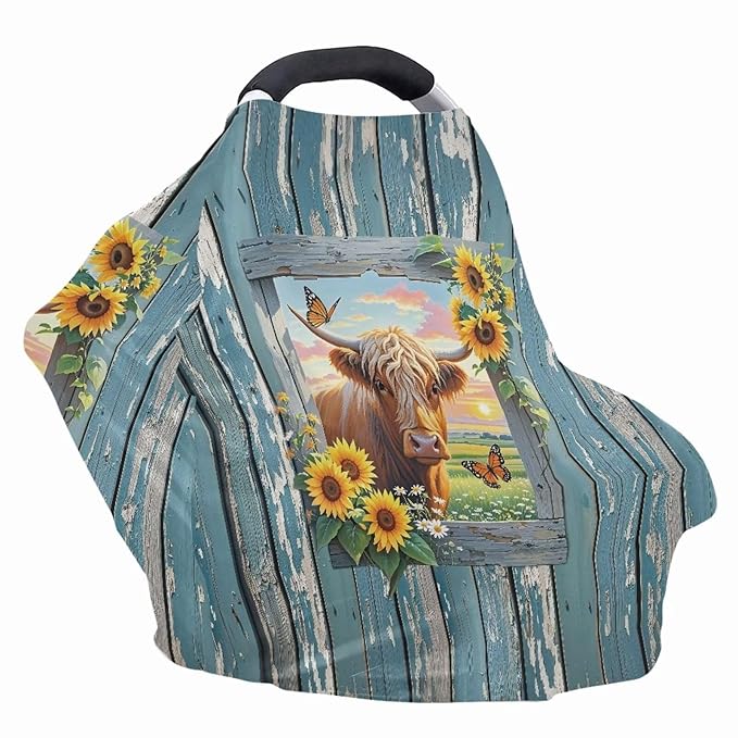 Wanyint Baby Car Seat Cover Car Seat Canopy for Babies Boys Girls, Multi-Use Infant Breastfeeding Covers Nursing Scarf Home Decoration, Highland Cow Sunflower Wood Grain