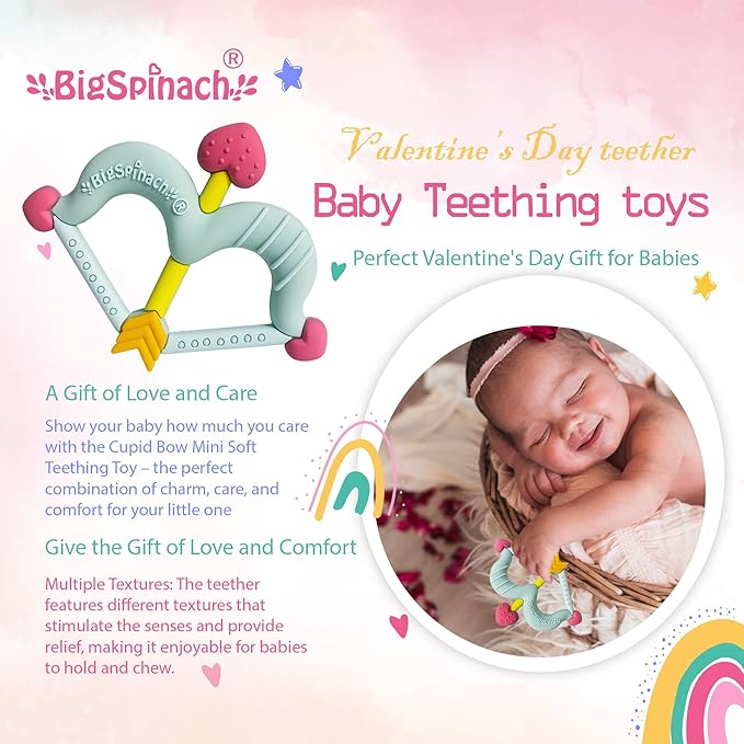 BIGSPINACH Teethers Heart Shape Silicone Baby Teether Toy Easy for Little Hands to Hold,Cupid Bow and Arrow Soft Teething Toy for Infants,Valentine's Gift for Girl or Boy (Green)