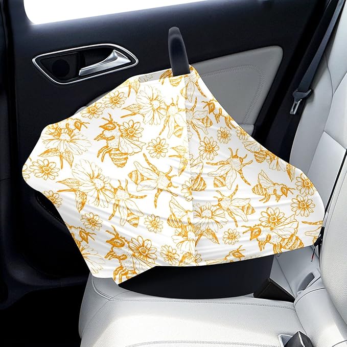 Baby Car Seat Stroller Covers Honey Bee Queen Collect Nectar Nursing Cover Breastfeeding Scarf Soft Breathable Stretchy Infant Car Canopy Coverage Carseat Cover for Boys and Girls Multi Use