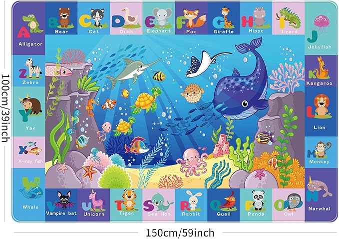 Baby Mat for Floor-Underwater World Play Rug, ABC Kids Rugs for Playroom, Ocean Playmat Crawling Tummy Time Mat, Non-Toxic Non-Slip Foldable Mats (59X39.4 INCH)