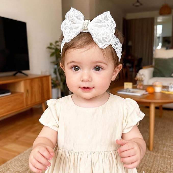 Baby Girls Headband White Bow Lace Headbands Soft Elastic Bowknot Hairbands Cute Hair Accessory for Newborn Kids Infant Toddler Baptism Birthday Party (Rhinestone Pearls)