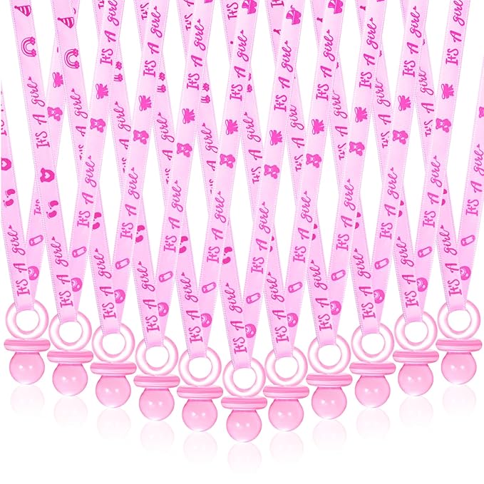 ZYFLSQ 36 Pieces Baby Shower Pacifiers Necklace, Cute Acrylic Pacifier Necklaces for Baby Shower Games Girls Charm, Party Favors, Decorations DIY, Gender Reveal Table Scatter(Pink)