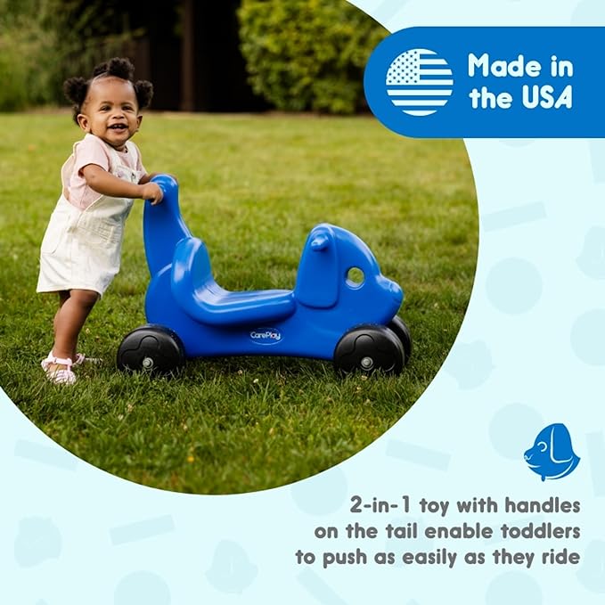 Careplay 2-in-1 Puppy Push & Ride-on Toy, Indoor & Outdoor Use, Low Profile Seat, Recommended for Children up to 50lbs, Durable Construction, Made in The USA, Blue