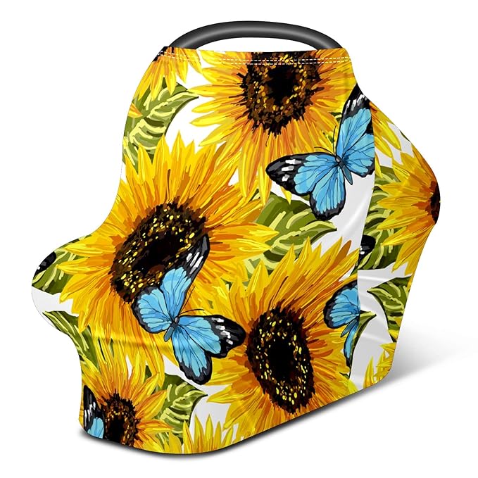 Baby Car Seat Stroller Covers Sunflower and Butterfly Nursing Cover Breastfeeding Scarf Soft Breathable Stretchy Infant Car Canopy Coverage Carseat Cover for Boys and Girls Multi Use
