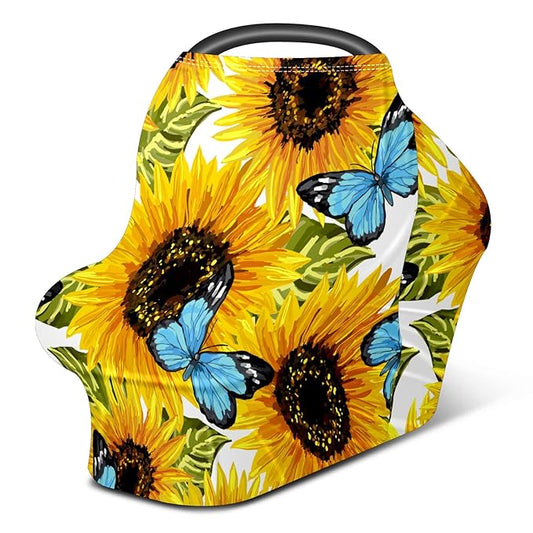 Baby Car Seat Stroller Covers Sunflower and Butterfly Nursing Cover Breastfeeding Scarf Soft Breathable Stretchy Infant Car Canopy Coverage Carseat Cover for Boys and Girls Multi Use