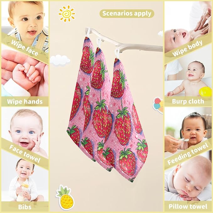 Strawberries Pink Muslin Baby Washcloths, 3 Pack of Cotton Newborn Wash Cloths, Extra Soft & Ultra Absorbent Baby Towels, 12 X 12 in