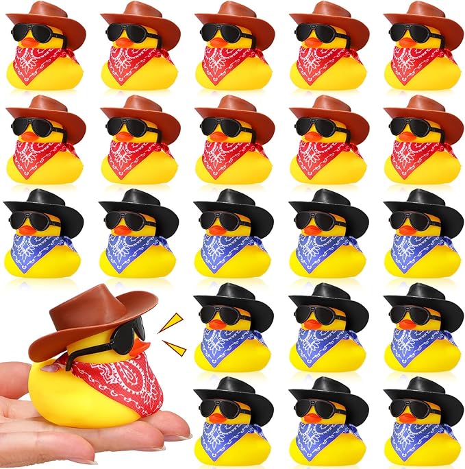 Sosation 24 Set Cowboy Rubber Duck Bulk Mini Yellow Duckies Party Tiny Ducks Toy with Cowboy Hat Paisley Bandanas Sunglasses for Birthday Party Favor(Vintage Style)