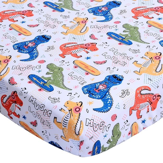 Cloele Square Playard/Playpen Stretch Fitted Sheets Perfect for 36 X 36 Portable Playard Mattresses - Square Pack and Play Crib Sheets - Ultra Soft Music Dinosaur Fitted Playpen Sheet for Baby