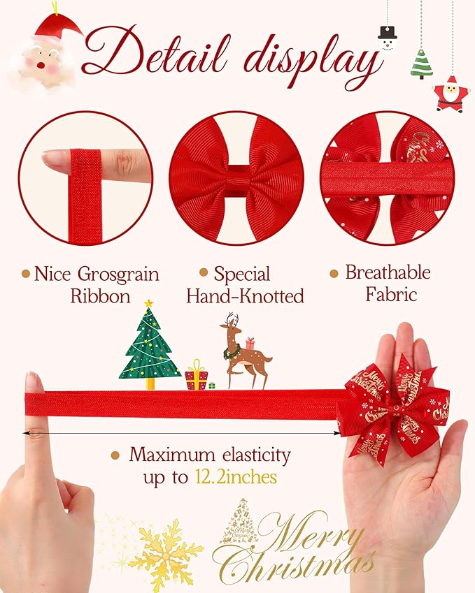 jollybows 10pcs Christmas Baby Bows Headbands Soft Stretchy Grosgrain Ribbon Hairbands with Bows Christmas Headbands Hair Accessories for Newborn Baby Girls Infant Toddlers Kids
