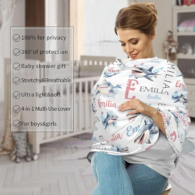 Personalized Baby Car Seat Cover with Name Stroller Canopy Custom Shark Carseat Cover Newborn Baby Boy Girl Nursing Cover for Moms First Birthday Gift