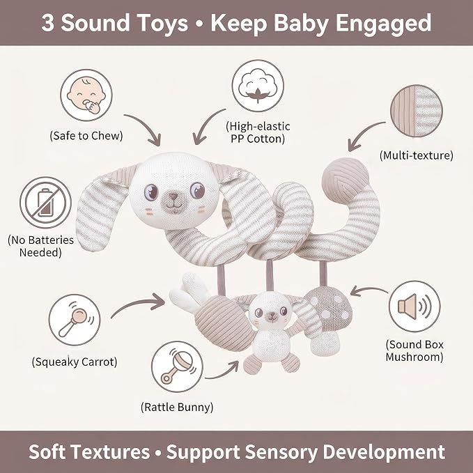 Carseat Toys Hanging Spiral Bunny – Car Seat Toys for Babies, Stroller Toys for Babies 0-6-12 Months, Crib Toys Hanging & Baby Hanging Toys, Newborn Infant, for Baby Gym & Stroller Toy