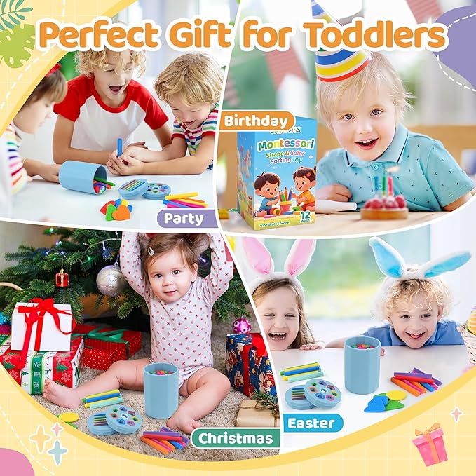 Shape & Color Sorting Montessori Baby Toddler Toys for 1 2 3 Years Boys Girls, Silicone Montessori Toys for 1 Year Old, Fine Motor Skills Sensory Toddlers Toy 1 Year Old Girl and Boy Gift,2 In 1