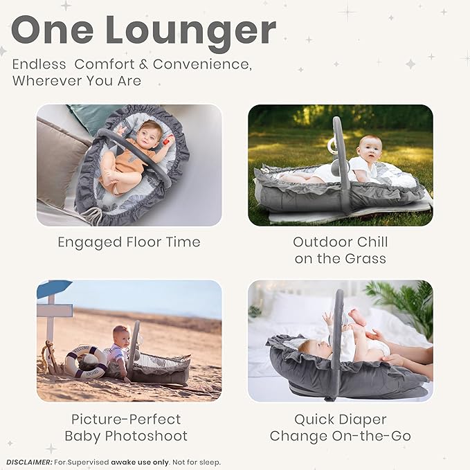 Newborn Lounger Leaf Gray - Flexible & Portable w/Infant Support Cushion, Soft & Breathable 100% Cotton - Multi-Use Supervised Baby Lounger for Floor, Travel, Changing Mat Alternative - Premium