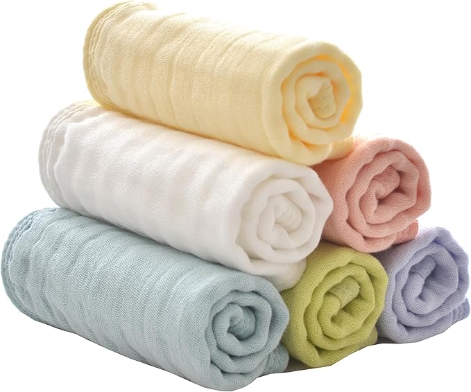 MUKIN Baby Washcloths, Soft Absorbent Cotton Burp Cloths, Burping Cloth for Newborn Sensitive Skin,12x12 inches, 6 Pack (Multicolor)