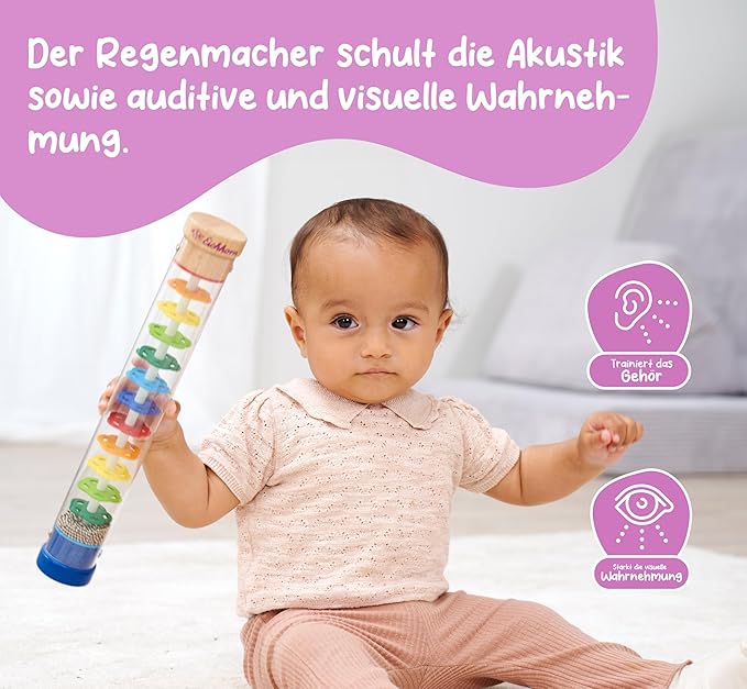 Eichhorn Wooden Rainmaker - Sound and Sensory Toy for Toddlers with Rattle Effect, 32x5 cm, Encourages Auditory and Motor Development, Beech Wood and Plastic, Age 1+
