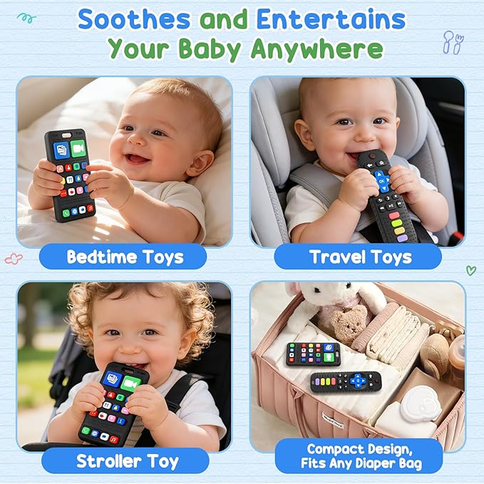 2 Pack Baby Teething Toys for 3-6 6-18 Months, Silicone Phone & TV Remote Control Shape Teether Toys, Newborn Teething Relief Sensory Chew Toys, Baby Shower Gifts for Infant Boys Girls 6-12 Months