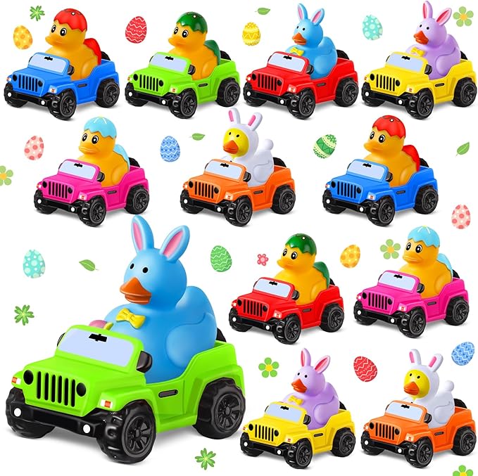 24 Pcs Easter Rubber Ducks for Jeeps, Easter Basket Stuffers Easter Egg Fillers, Ducks for Ducking3.5 Inch Cars for 2 Inch Ducks, 12 Easter Ducks with 12 Off-Road Vehicle, Easter Party Favors Gifts