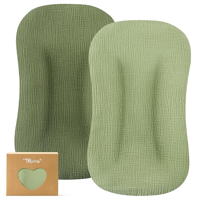TILLYOU Muslin Baby Lounger Cover, 100% Cotton Newborn Lounger Cover, 2 Pack Baby Nest Slipcover for Boys Girls, Cover Only, Forest Green and Light Green