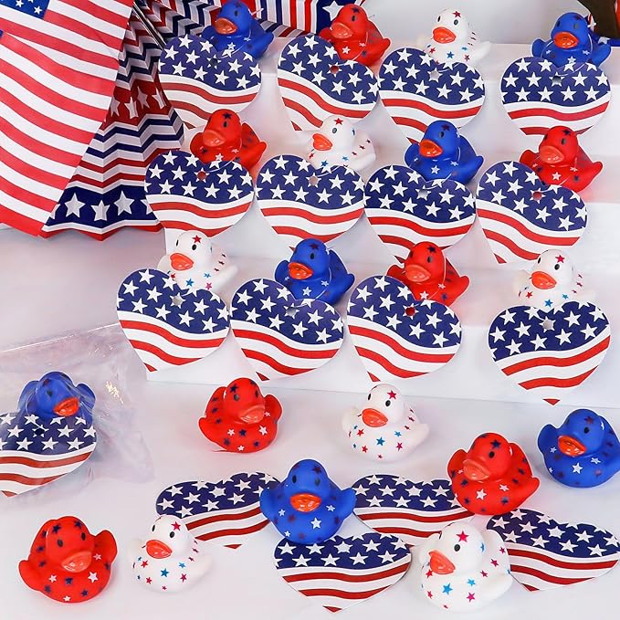 24 Pack 2'' Patriotic Rubber Ducks with Cards 4th of July Party Favors 250th Anniversary Baby Bath Toys Mini Duck Squeeze Squeak Summer Beach Pool Fourth July Supplies Red White Blue Gift Memorial Day