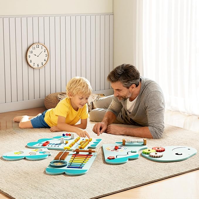 HONEY JOY Dinosaur Activity Wall Busy Board Panels, 11-in-1 Wooden Sensory Wall Panel for Kids, Toddler Learning Activity Center, Ideal for Playroom Daycare Nursery Classroom Dentist Office (Blue)
