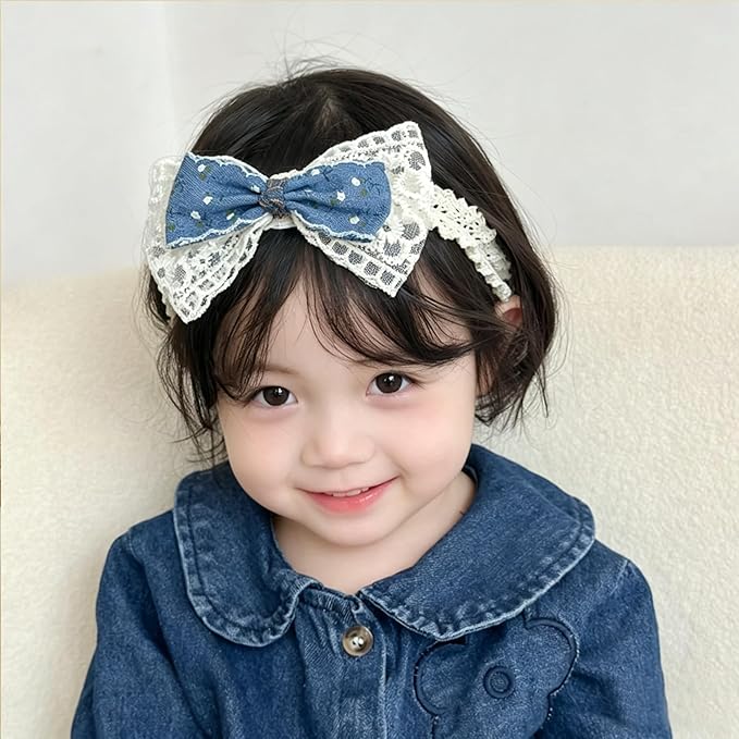 Baby Girls Hairbands Bow Lace Headband Handmade Soft Stretchy Pink Bowknot Hairbands Newborn Hairband with Bows Elastic Hair Bands for Kids Infant(Blue Denim Bow
